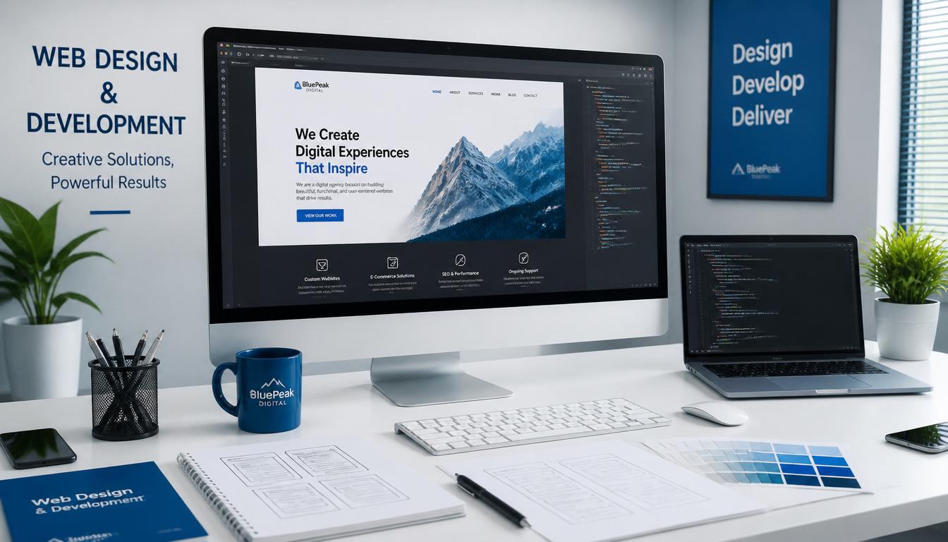 A modern and professional web design and development services workspace. A sleek computer screen showing a beautiful website being designed. Clean desk setup with code on screen, design wireframes, color palettes. Blue and white color theme. Corporate and professional look. High quality, photorealistic, 4K resolution, wide shot.