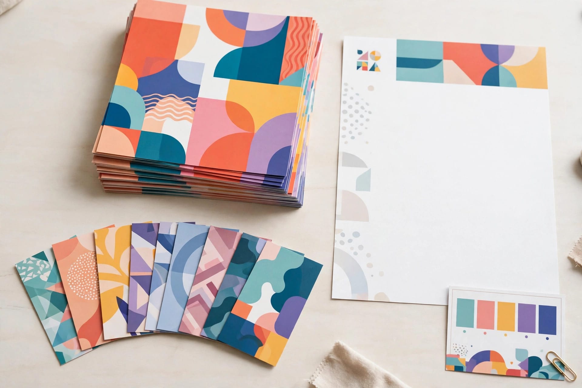 Flat lay of graphic design print deliverables — flyers, business cards and letterhead designed by PrimeStack Services