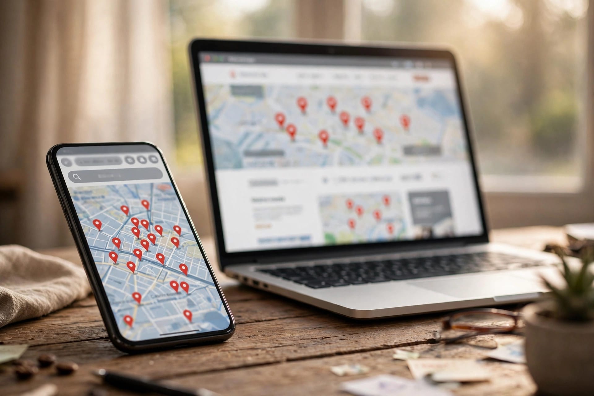 Smartphone and laptop showing local business map search results — local SEO concept