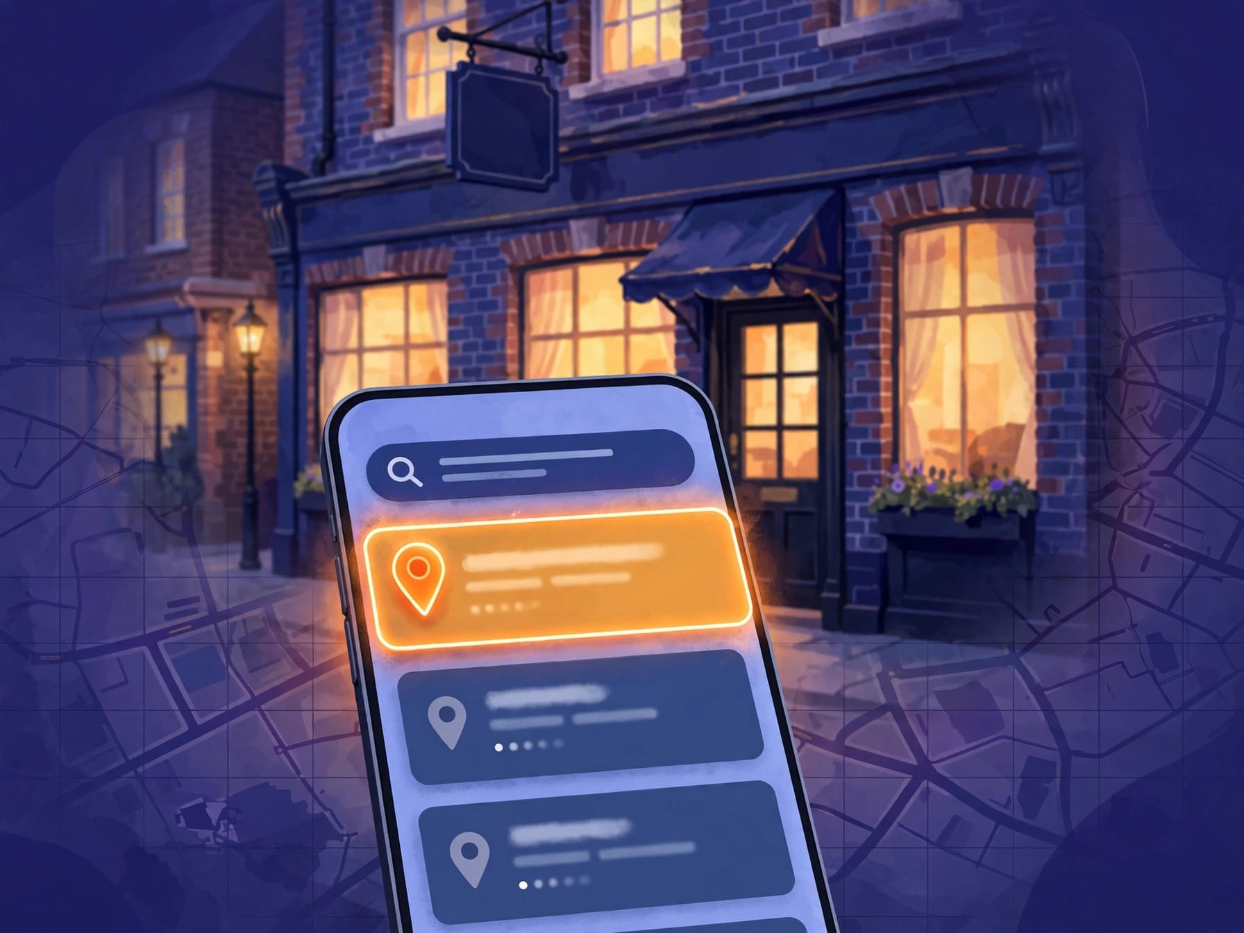 Phone showing Google Maps results with a highlighted business listing in front of a UK café storefront