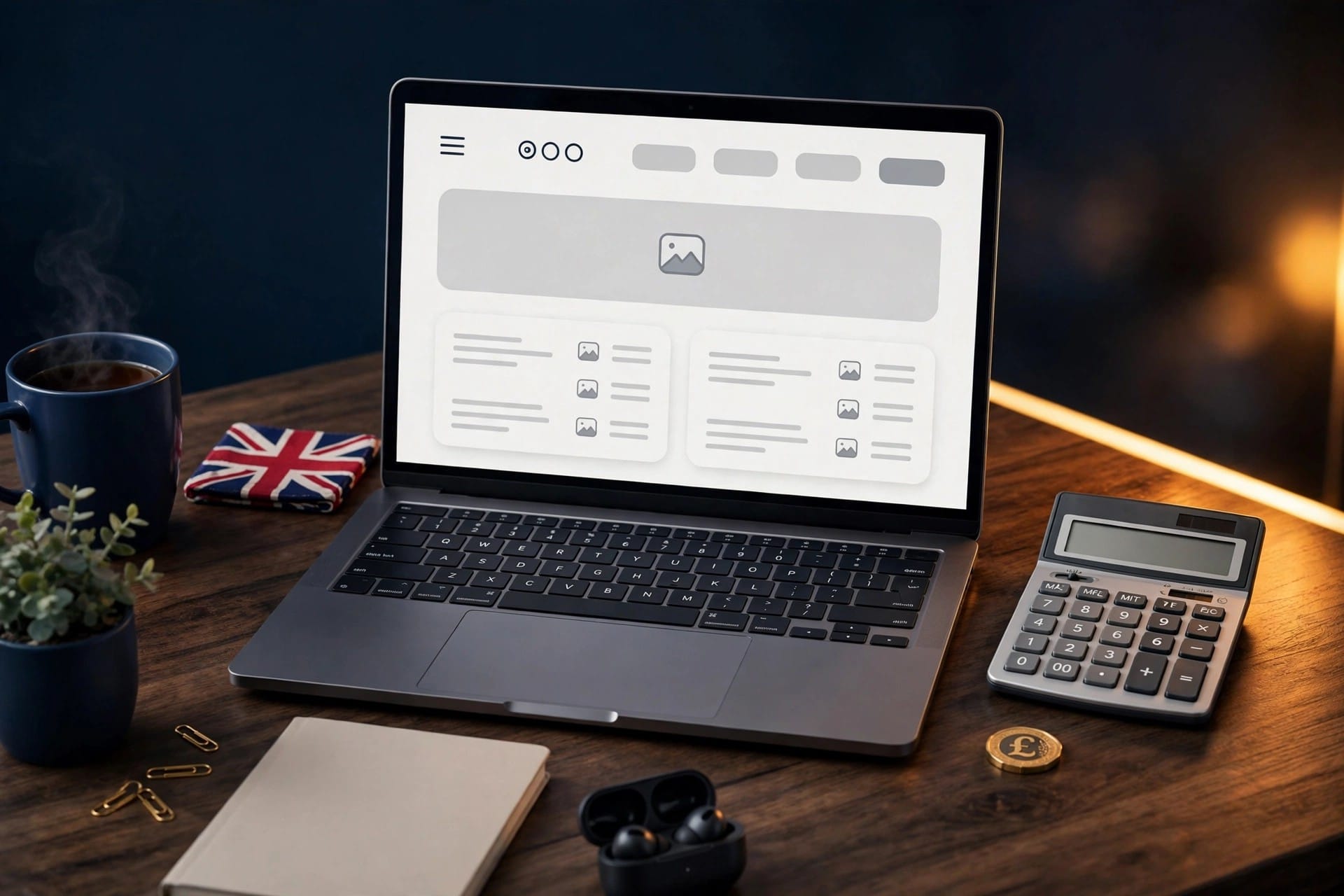 Small business website cost UK 2026 — laptop, calculator and pound coin